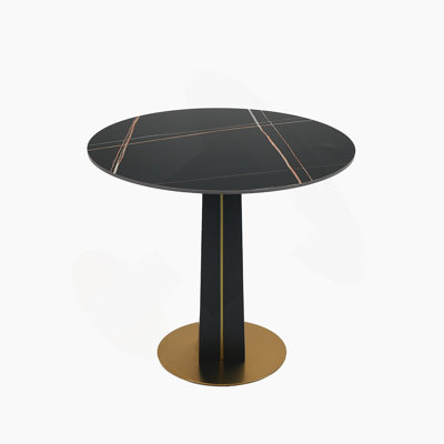 Modern Round Negotiation Table - 85Cm Black Sintered Stone Top, Black Wooden Legs With Golden Metal Base(Only The Negotiation Table)