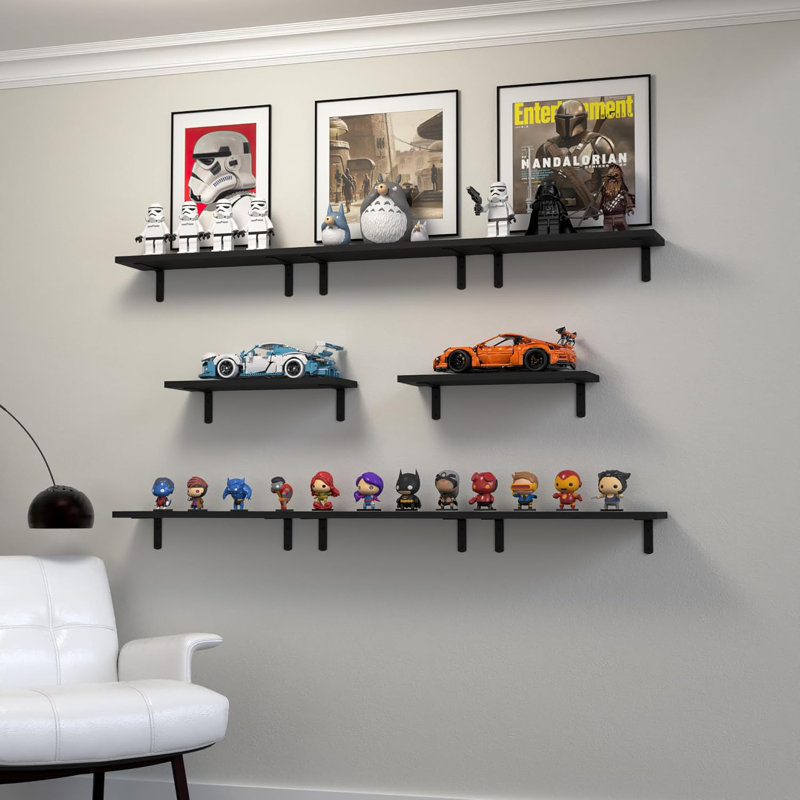 8-pack Black Floating Wood Shelves Wall-mounted