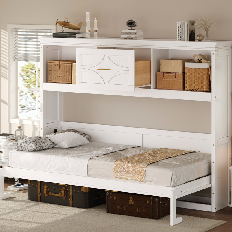 Lit simple en blanc avec remplacement de charge, tiroir et 2 unités de rangement - Représentant en pin de qualité, armoires