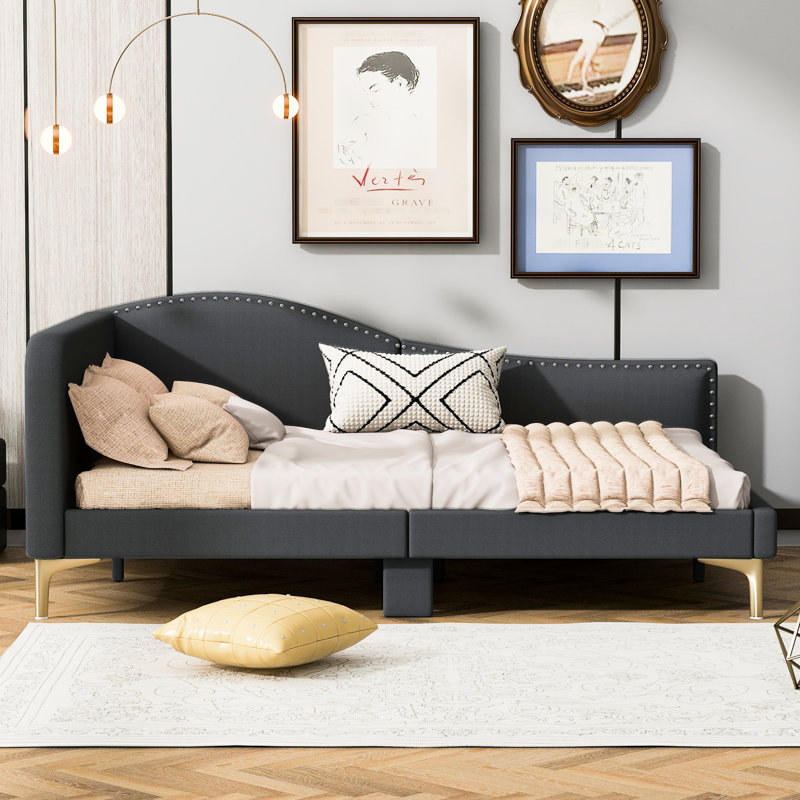 Full Size Daybed In Grey Fabric, With Headboard, Armrest & Strong Legs - Versatile Sleeping Solution Bed Dependable Leg Structure Build Elegant Resting Spot Option