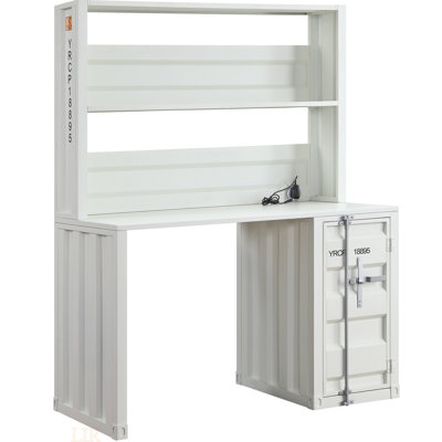 Bureau d'écriture moderne à finition blanche avec huche de rangement et structure en métal, parfait pour le bureau à domicile et les zones d'étude
