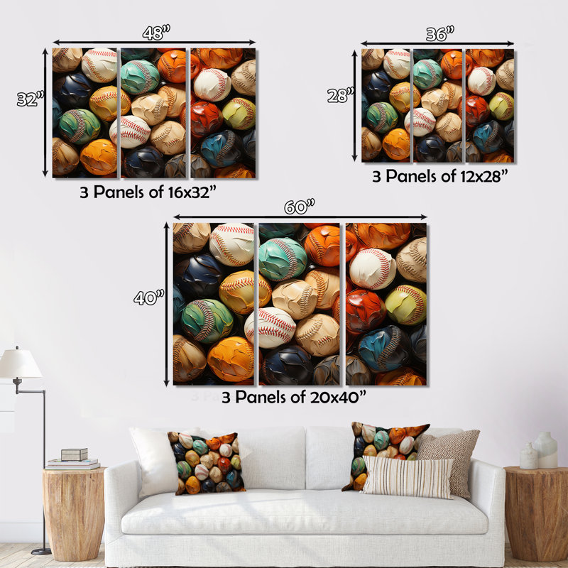" Baseball Collage I " 3 - Pieces, 28" H x 36" W x 1" D