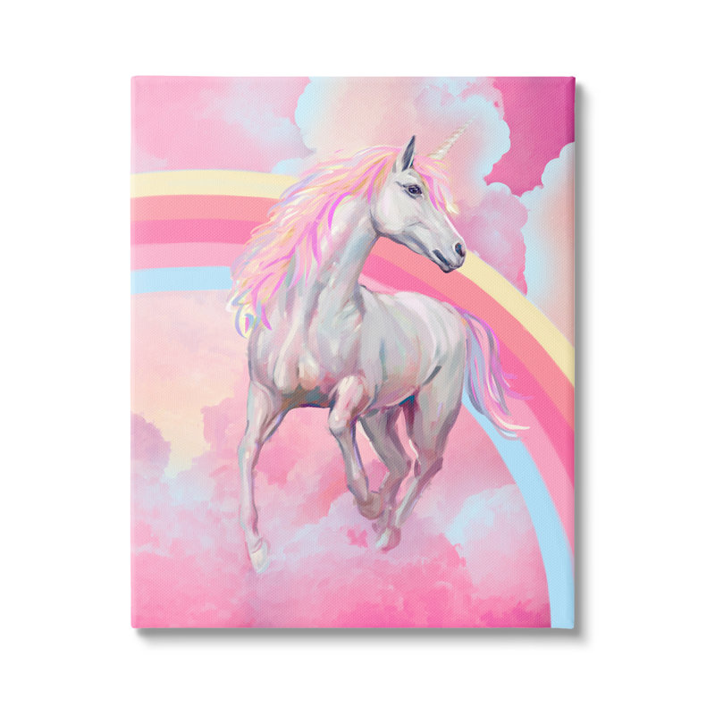 Art mural sur toile rose avec licorne et nuages par Ziwei Li, H 30 po x l 24 po x P 1,5 po