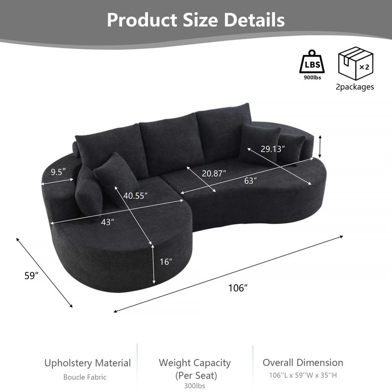 Boneless 106" Cloud Curved Sectional Boucle Sofa with Chaise Lounge, 2-Piece No Assembly Required Sofa with 7 Pillows, High-Elastic Foam Couch for Living Room and Bedroom