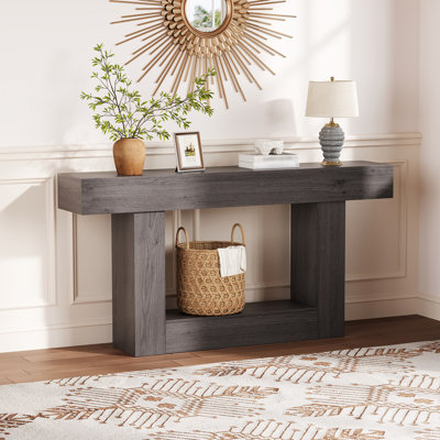 63" Entryway Table, 2 Tier Narrow Long Console Table with Storage & Charging Station, Sofa Table Farmhouse Wood Behind Couch Table for Entrance, Foyer, Hallway, Living Room, Couch