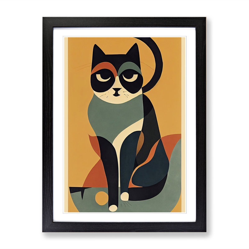 Cat Mid Century Vol.1 - Picture Frame Print, 64cm H x 46cm W, Oak Framed
