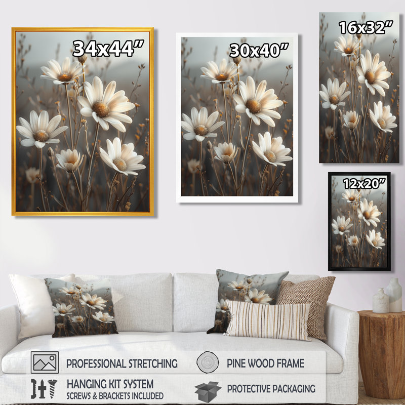 Décoration murale marguerites monochromes en champ brumeux II - marguerites, H 40 po x l 30 po x P 1,5 po