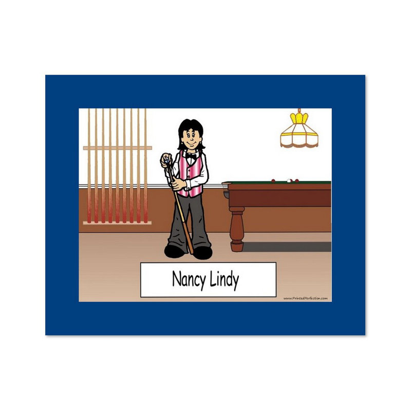 Personalized Pool Player, Billiards - Female Cartoon Caricature with a Mat, Ready to Frame, Yes