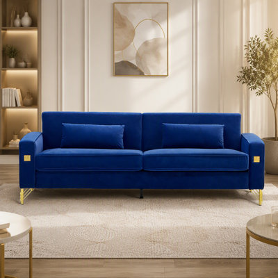 FX-P18-RB(SOFA)Luxury Velvet Sofa with Gold Accents - Modern 3-Seat Couch with Plush Cushions, Perfect for Living Room and Office Decor