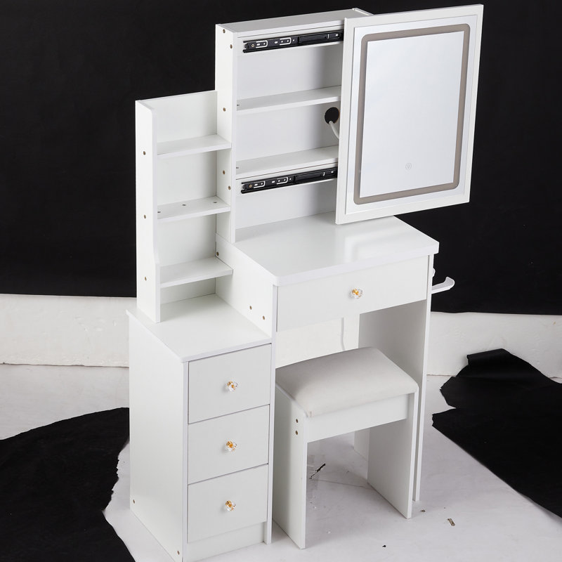 Petit meuble-lavabo de chevet gauche avec tabouret confortable, miroir à DEL coulissant à commande tactile extraordinairement énorme, 2 prises de courant AC +, support pour sèche-cheveux, éclairage réglable,, accrédité UL, blanc américain