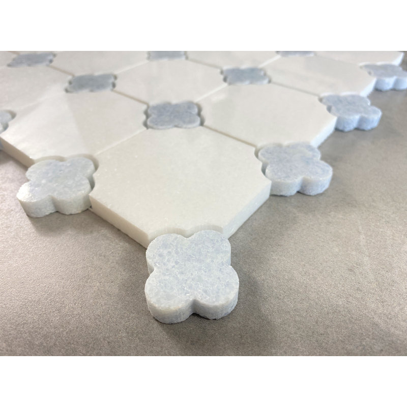 Thassos White Marble Octagon and Blue Celeste Clover Mosaic Wall and Floor Tile