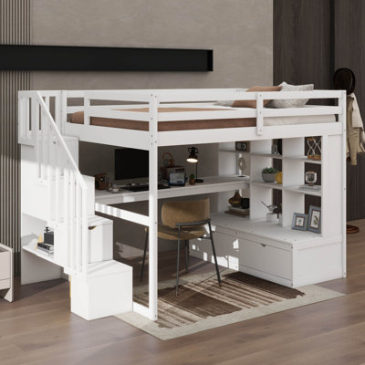 Full Size Loft Bed With Built-In Desk And 2 Drawers,Wooden Bed With Storage Staircase And Shelves