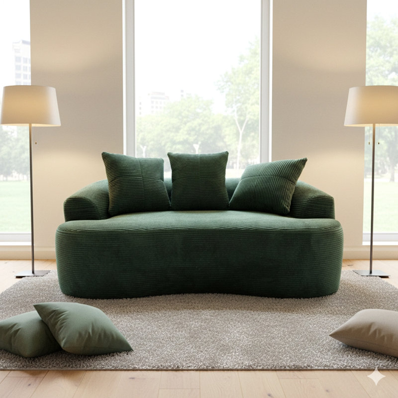 Causeuse incurvée 65,35 po avec coussins à ressorts ensachés pour siège moelleux, petit espace avec 3 coussins décoratifs, aucun assemblage requis