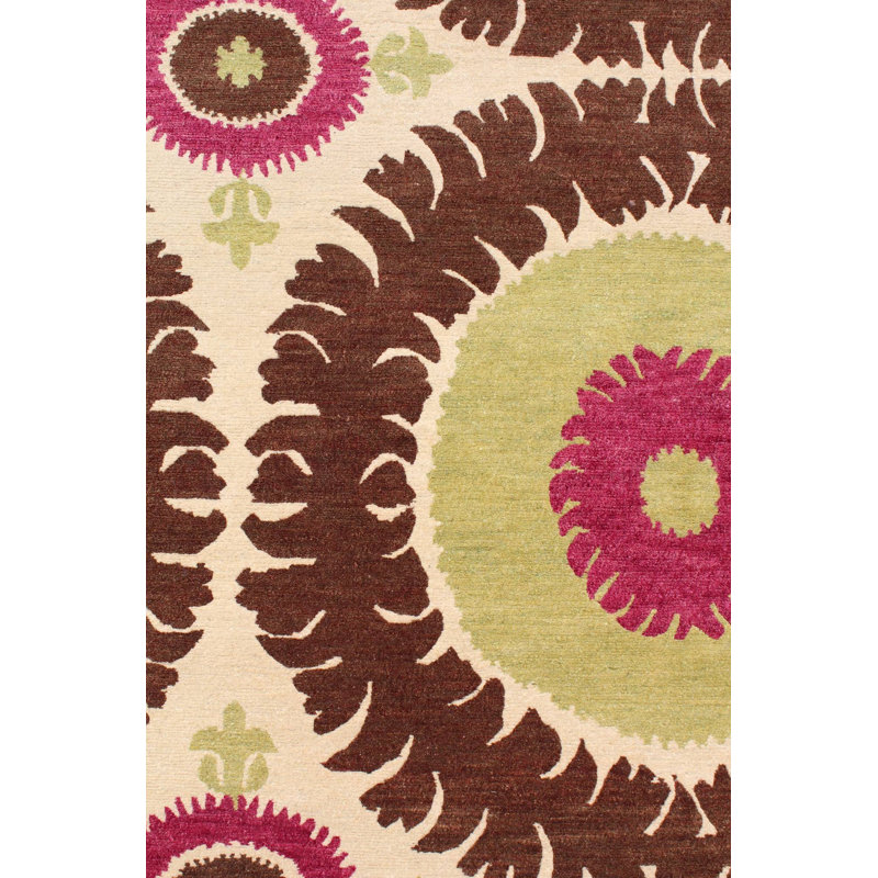 Suzani Wool Ikat Area Rug in Green/Ivory/Chocolate, Rectangle 8'1" x 10'1"