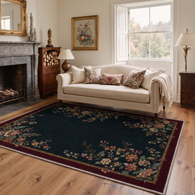 Tapis à motifs floraux turquoise et rouge, lavable à la machine, avec envers antidérapant