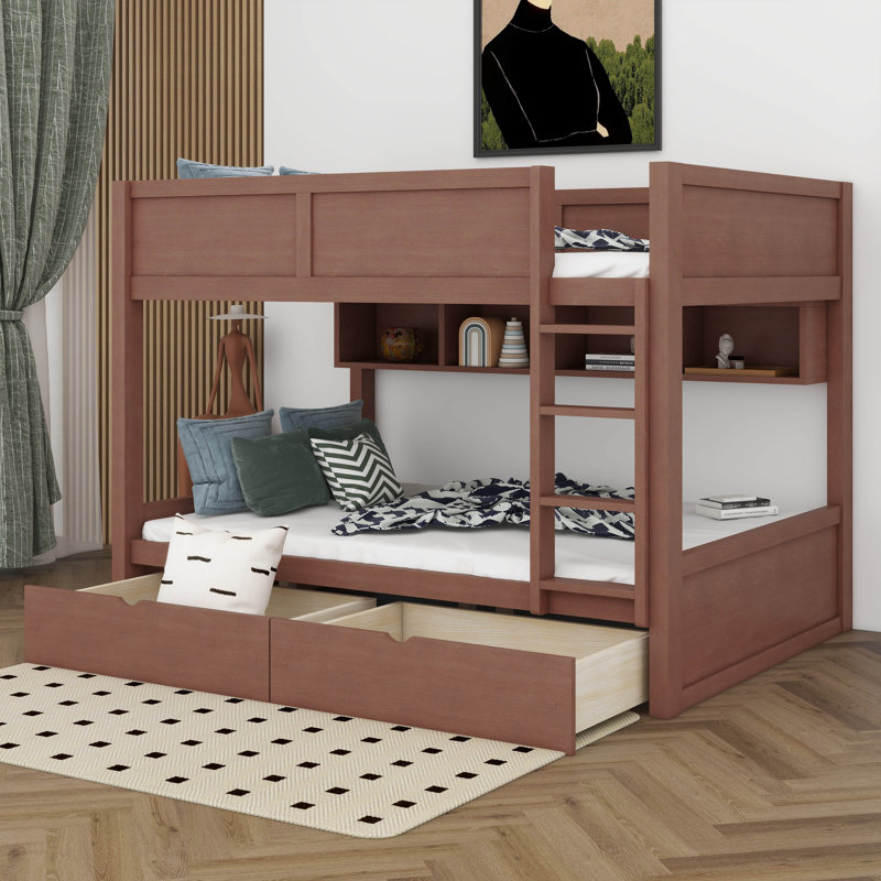 Full XL Over Full XL Bunk Bed With 2 Drawers, Wood Bunk Bed With Storage Cabinets And LED Lights, No Box Spring Needed, Brown