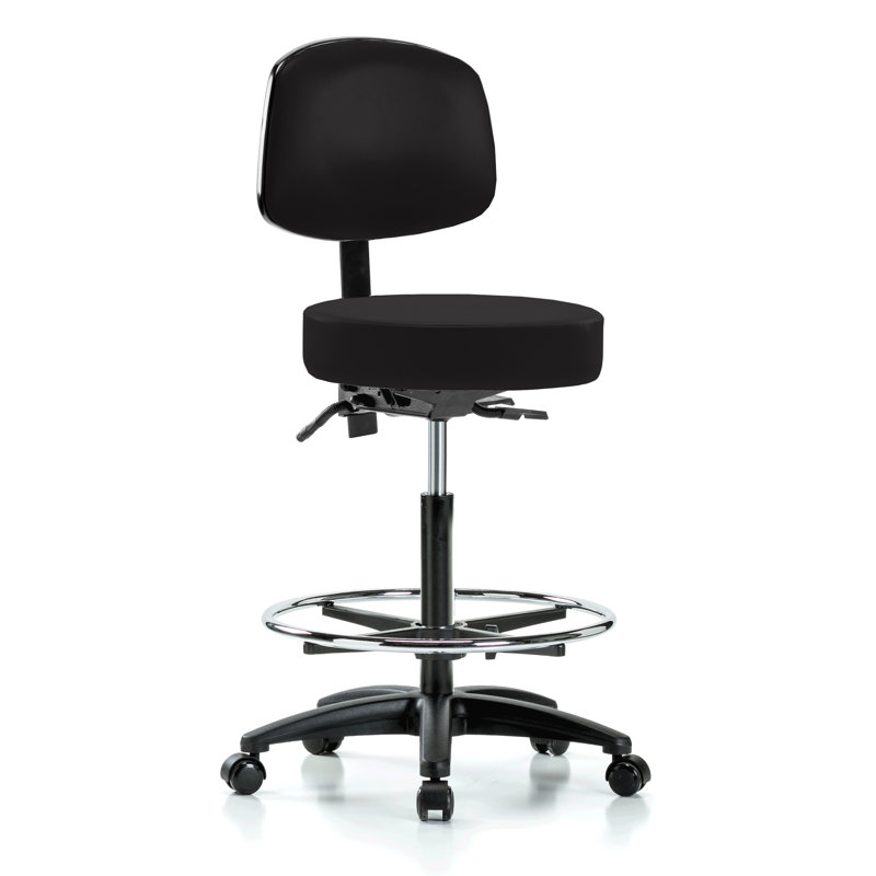 Gustav PERCH Walter Height Adjustable Doctor's Stool with Back and Foot Ring | High Bench Height 25-35", Black Vinyl