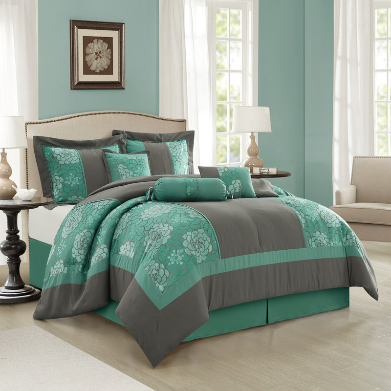 Ensemble d'édredon jacquard 7 pièces Sibyl, Édredon de très grande taille et 6 pièces suppl, Aqua / gris