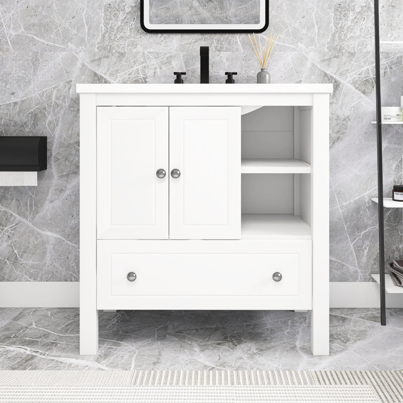 Meuble-lavabo autoportant 30 po blanc avec lavabo en céramique, Blanc