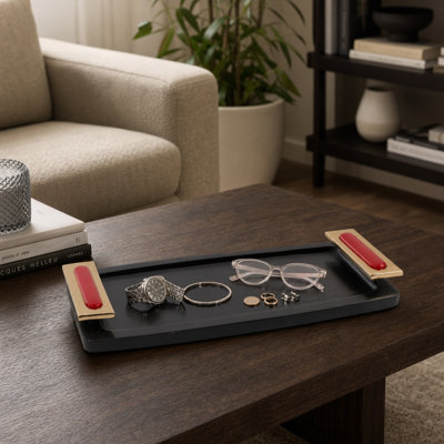 Plateau en bois de manguier avec poignées pour repose-pieds - Plateau décoratif décoratif pour table basse, cuisine ou bijoux - 17 po, noir et rouge