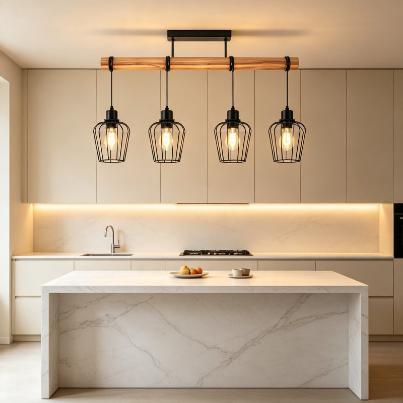 4-Light Burnt Wood Kitchen Island Pendant