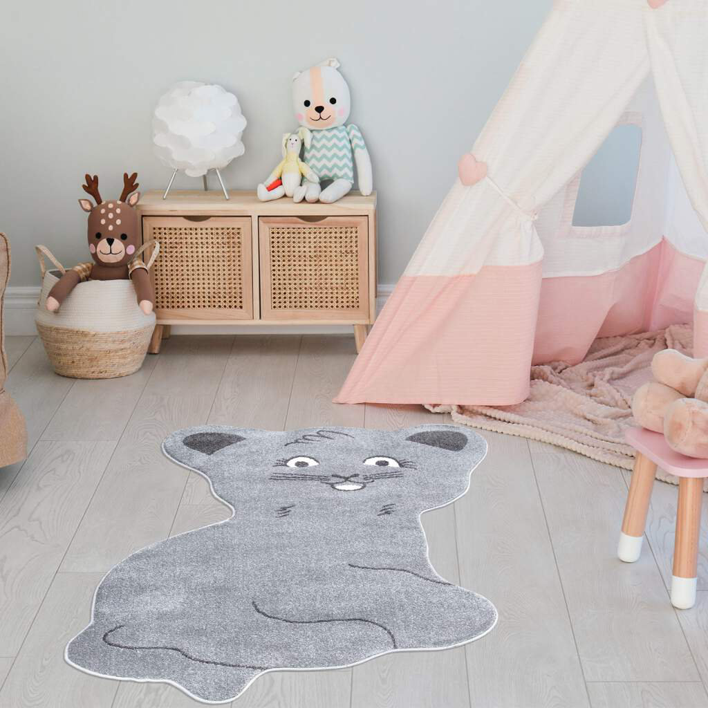 Kinderteppich Anime 894 Grau Formteppich Tier Motiv Katze Kinderzimmer Kurzflor Guzi