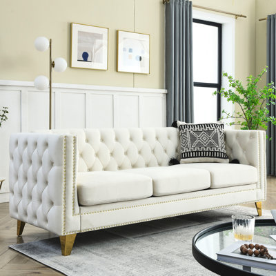 Modern Square Arm Velvet Couch: With Metal Legs, Beige Bedroom : Legs For Bedroom, 3