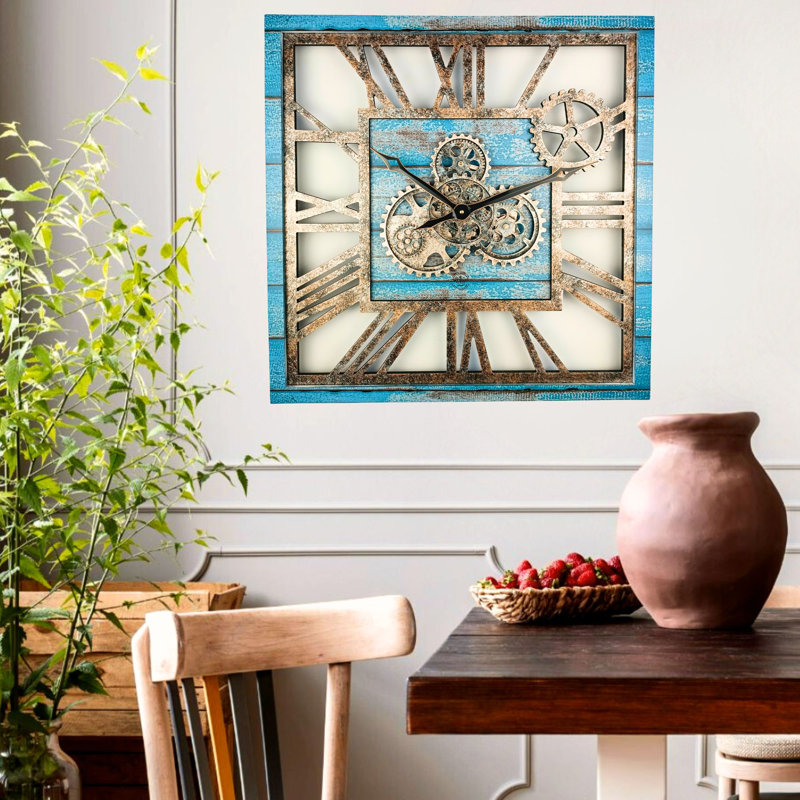 Wall Clock 24" Square Oversized for Living Room decor with Real Moving Gears America Collection, Blue