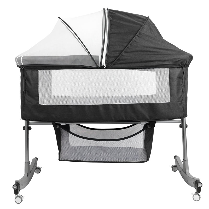 Lit de chevet multifonctionnel 4-en-1 avec table à langer, lit de bébé réglable en hauteur à 6 niveaux avec panier et moustiquaire, berceau portable pour nouveau-né avec roues