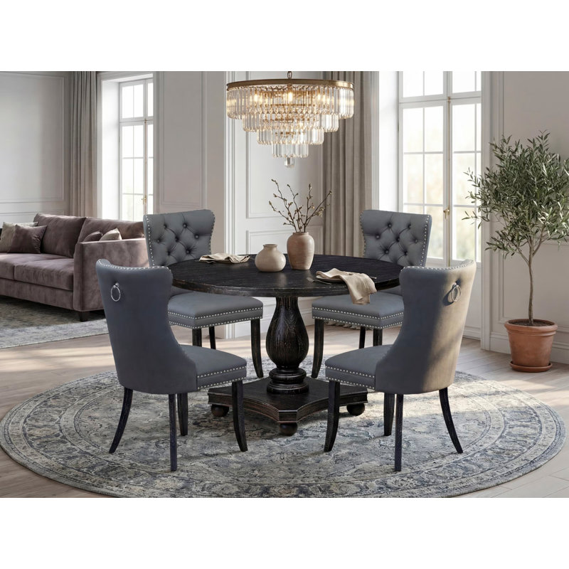 5-piece Dining Room Set with Polyester Fabric 4 Platinum Gray kitchen chairs, Button-Tufted Backs, and a 48"Round Breakfast Table in Sand Blasted Black