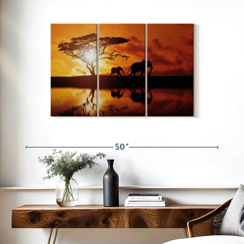 Brampt Elephant Silhouettes At Sunset, 24" H x 38" W