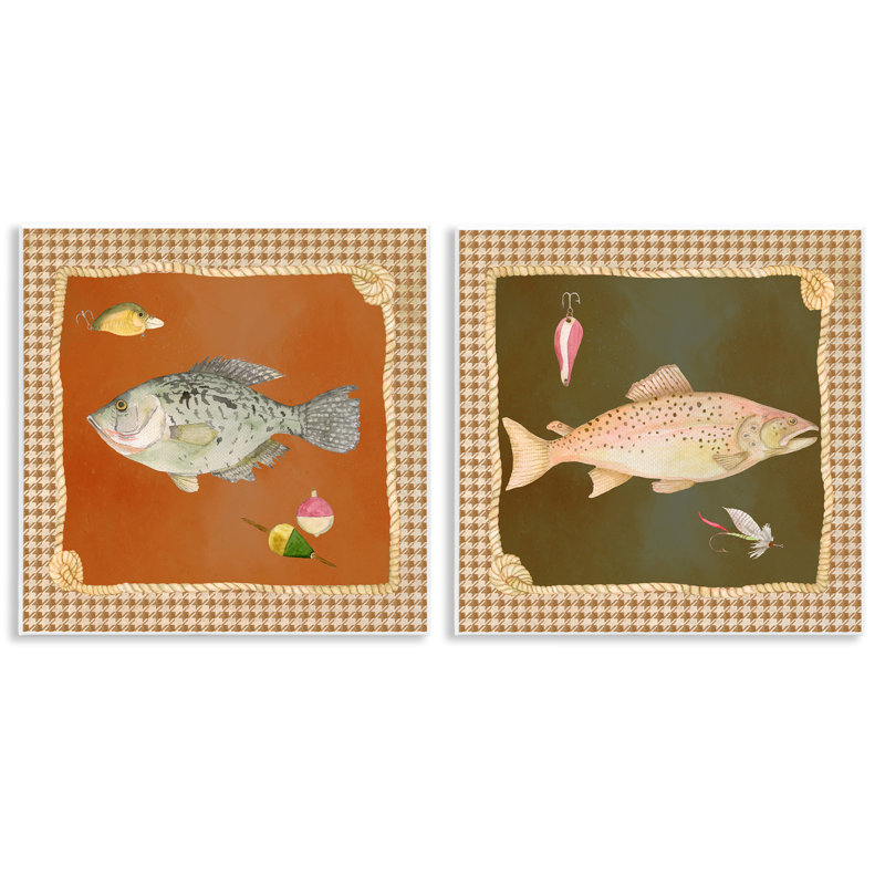 Ensemble de plaques murales 2 pièces Fish & Lures over Houndstooth, par Lee Ann Sanders