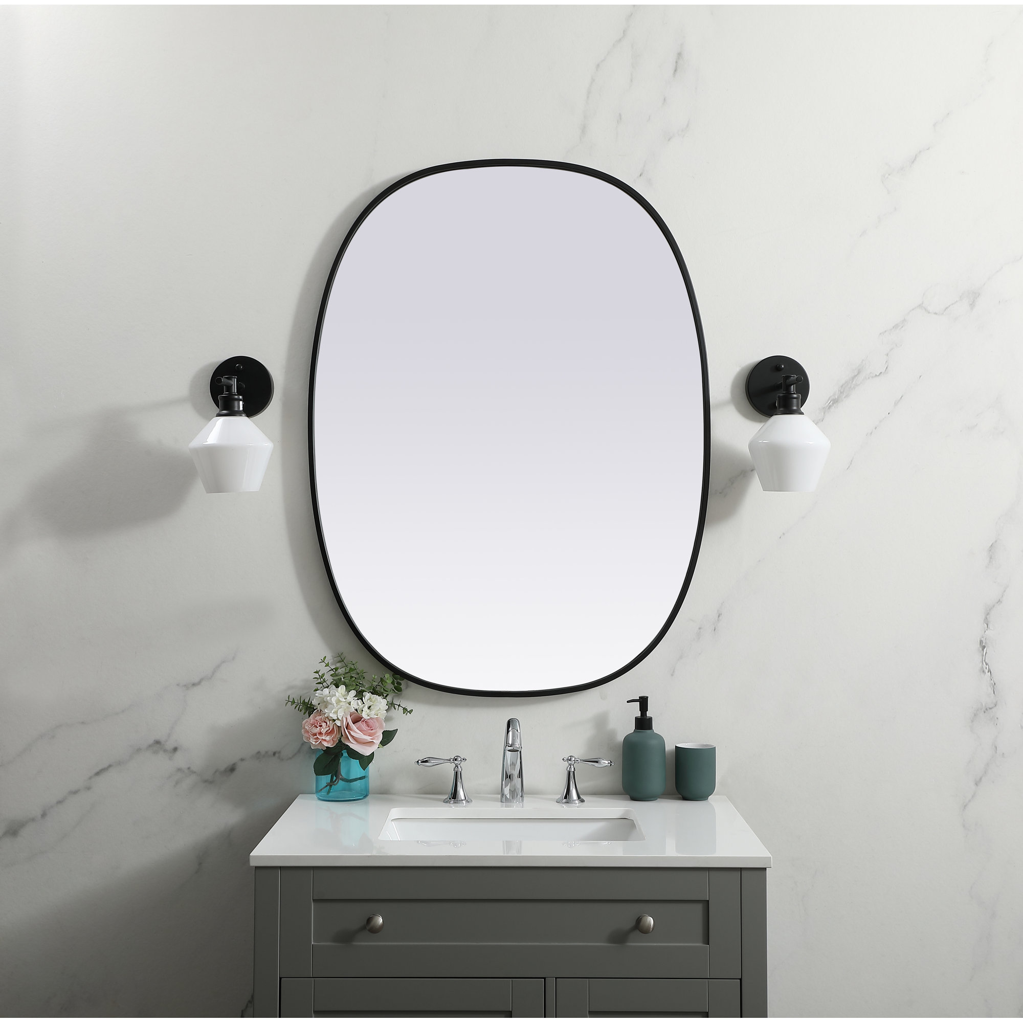 Sabine Metal Curved Oval Wall Mirror, Black, 40" x 30"