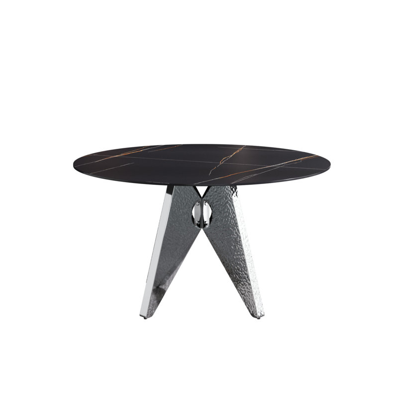 Table de salle à manger 53 po ronde en marbre avec base en acier inoxydable argenté, marbre artificiel pour 6 personnes, table de salle à manger / cuisine de salle à manger (table de salle à manger seulement)