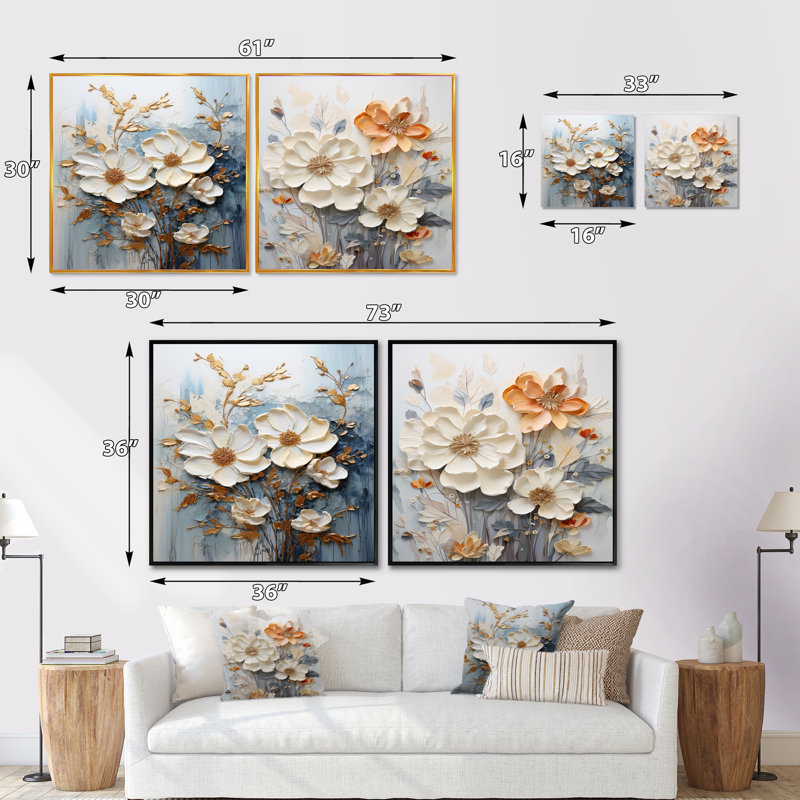 Fleurs de saison dorées et blanches dorées Dream - lot de 2 fleurs de saison, Cadre flottant noir, H 16 po x l 33 po