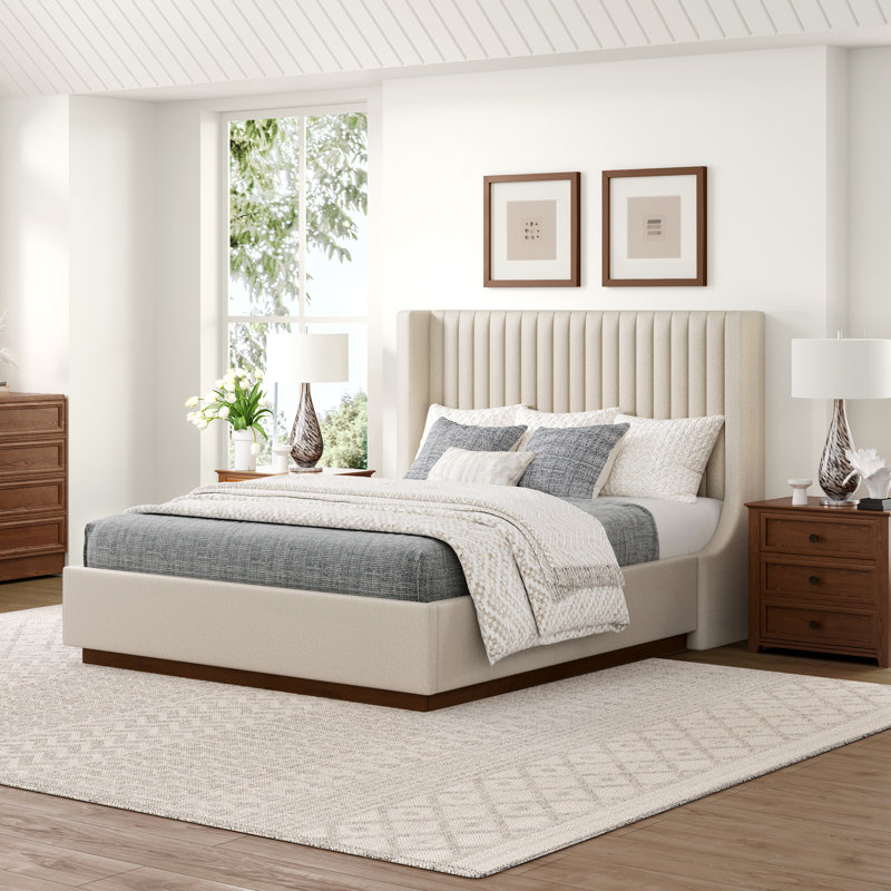 Lit plateforme tapissier Madiyson , Lin foncé, Grand lit