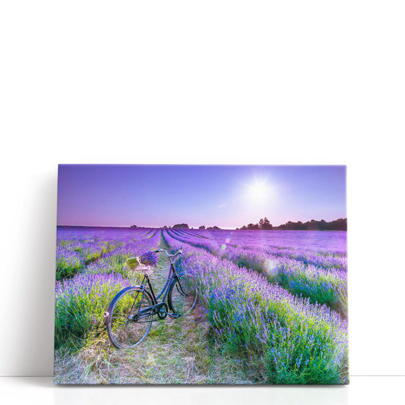 Vélo avec fleurs dans un champ de lavande - reproduction d'art sur toile, H 12 po x l 16 po
