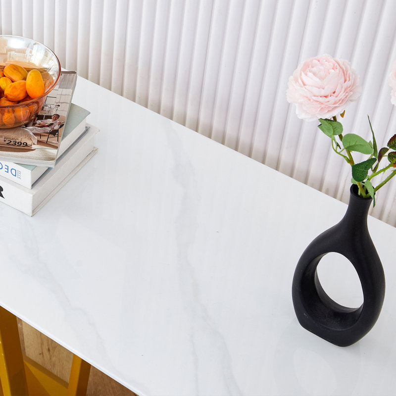 Modern And Simple Rect Rectangular Glass Dining Table With Patterned 0.39" White Top, Gold Legs, Ideal For Entrance And Living Room Decor, Available In White/Transparent + Glass Variants