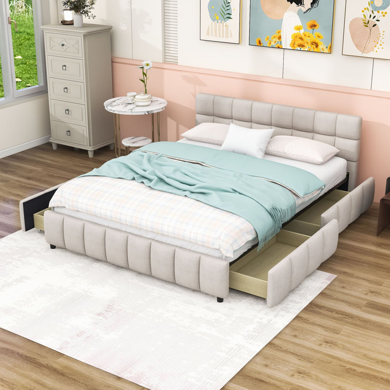Lit plateforme rembourré Queen avec tiroirs de rangement, Beige