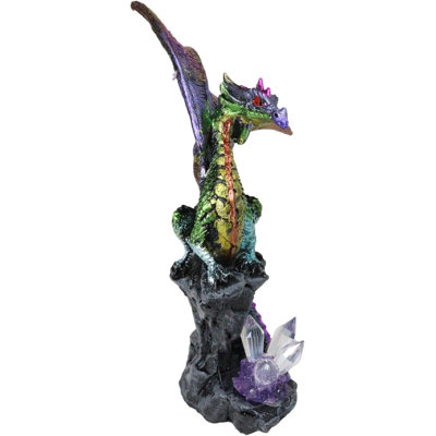 Iridescent Green Purple Dragon Perching On Cliff Rock With Crystals Figurine