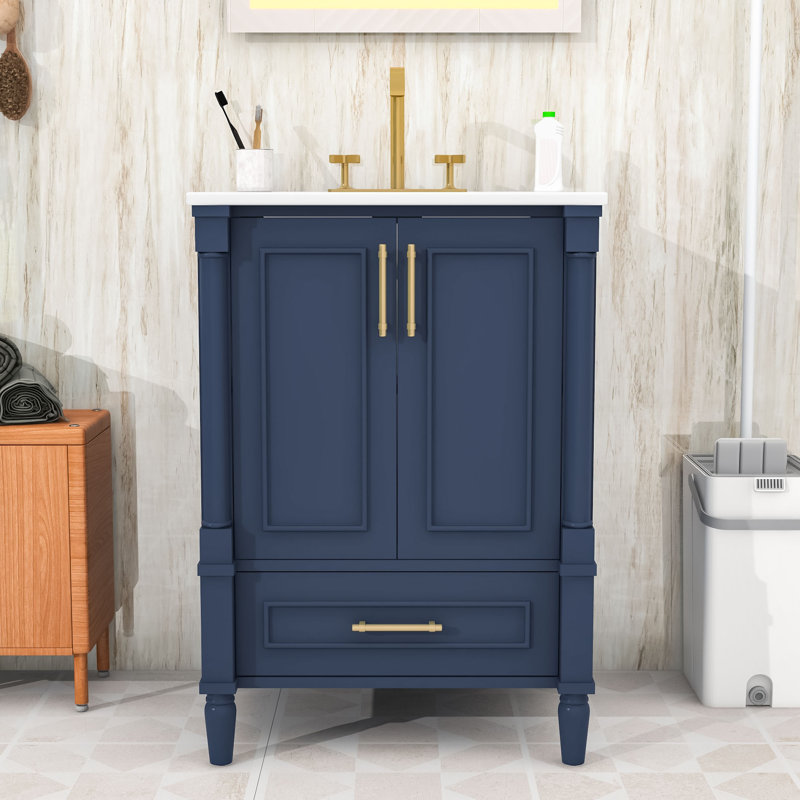 Meuble-lavabo avec pieds français sculptés, lavabo en céramique, tablette réglable et tiroir, Blue