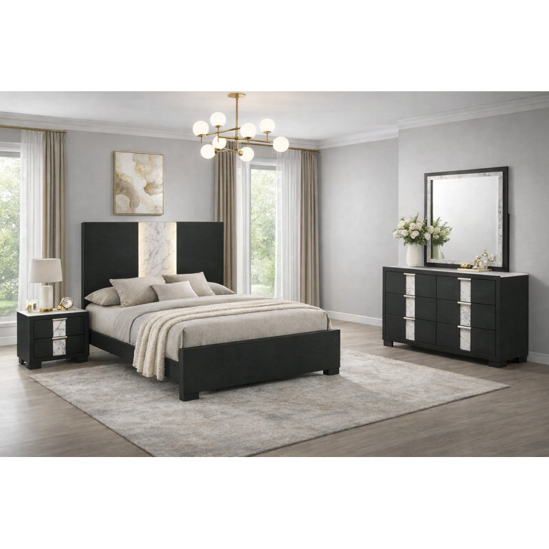 Ensemble de chambre à coucher à panneau moderne à finition noire, 6 pièces, Très grand lit