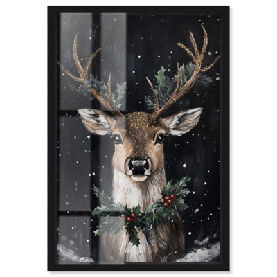 Décoration murale de Noël «Deer in Snowfall» par Art Remedy, cadre noir, 11 x 16