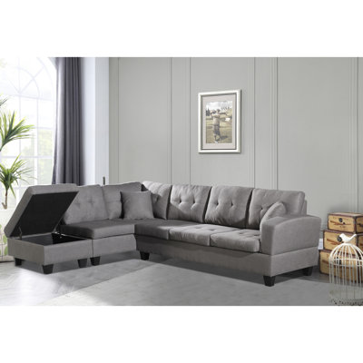 Mobilier de salon: méridienne avec rangement, tissu, structure en eucalyptus robuste, pieds en plastique, rangement rembourré, revêtement, coussins moelleux pour un confort maximal