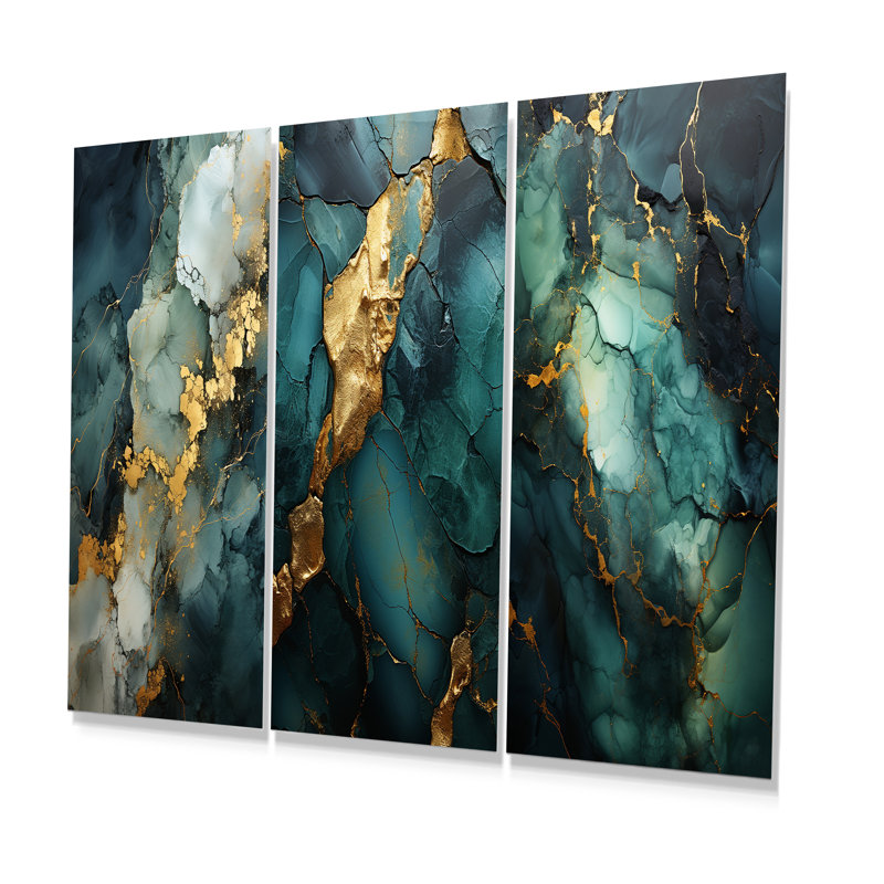 Gold And Green Abstract Marble Design I - Abstract Marble Metal Wall Art Set Of 3, 32" H x 48" W