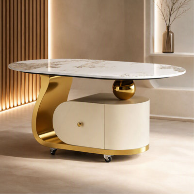Table basse en pierre frittée de 39,4 po avec tiroir, base en acier inoxydable et 4 roulettes verrouillables, table de bout ovale mobile moderne pour le salon, assemblage facile ()
