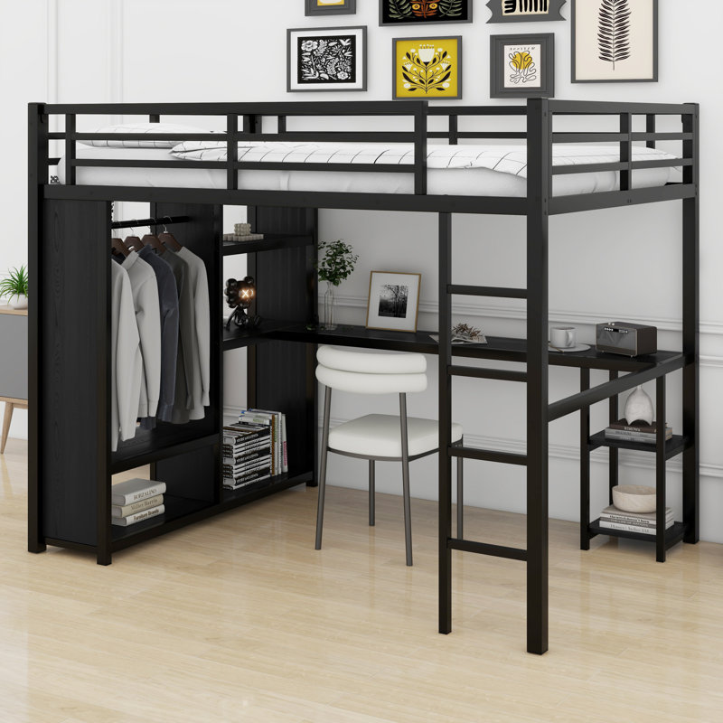 Structure de lit mezzanine avec garde-robe, bureau et tablettes de rangement