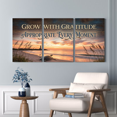 «Grow With Gratitude Appropriate Every Moment», reproduction d'art sur toile tendue au coucher du soleil, scène de plage avec tortue et phare, ensemble de 3
