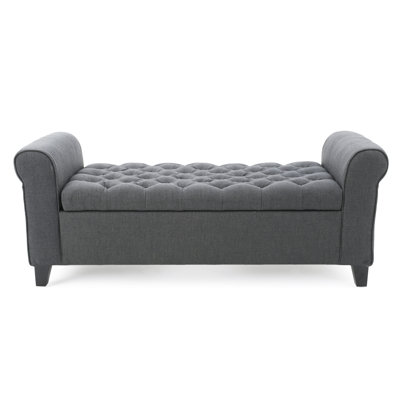 Claxton 50 Inch Contemporary Button Tufted Upholstered Storage Bench with Flip Top, Rolled Arms, Soft Close Hinges