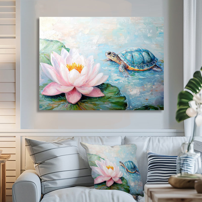 Tortue dans le nénuphar II - animaux, reproduction d'art murale en métal, H 12 po x l 20 po